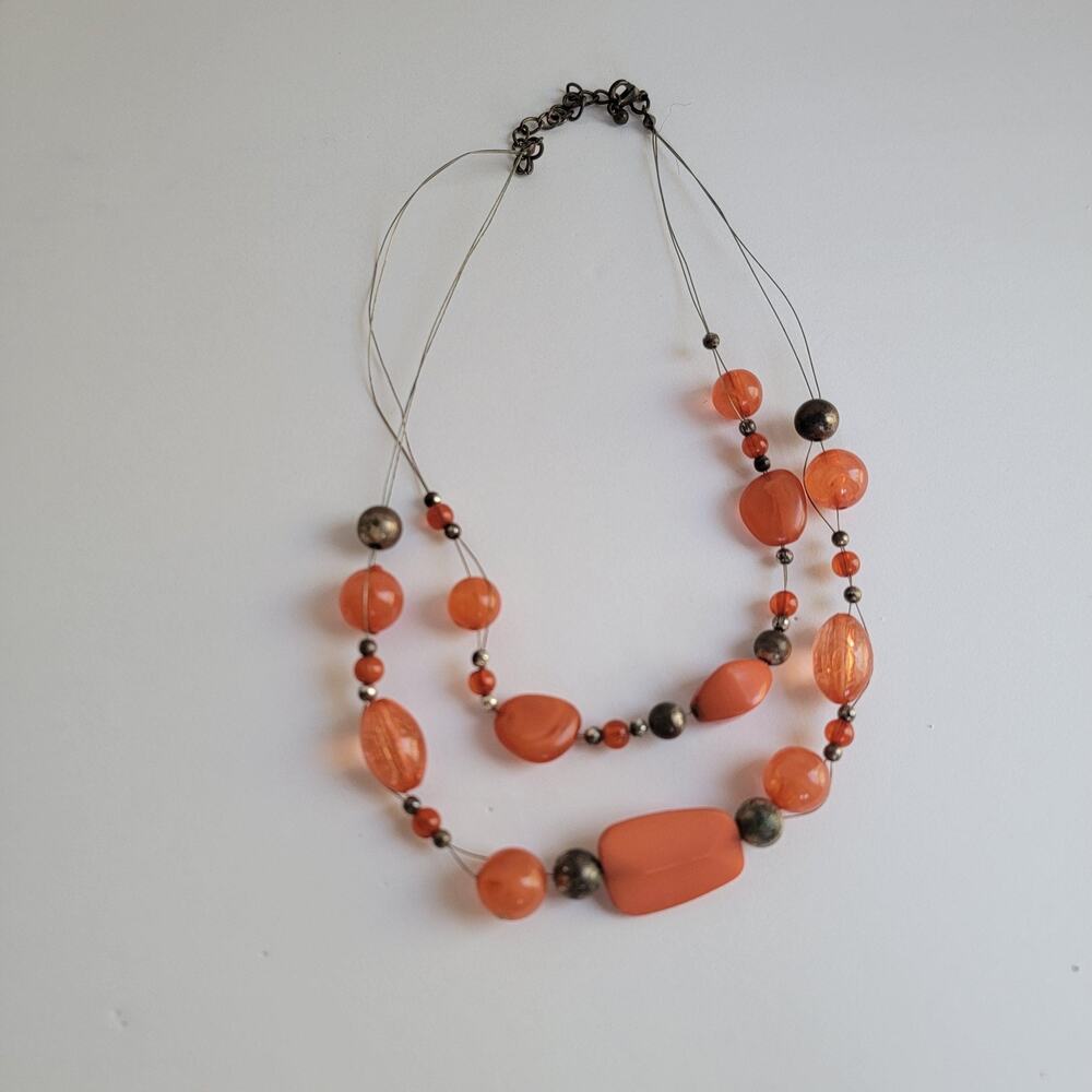 Orange Beaded Layered Necklace Multi Strand Station Hook Chain 20 In Jewelry